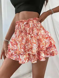 Women's Spring Summer Ditsy Floral High Waist Culottes, Loose-Fitting Tie Front Short Pants, Casual Tiered Layer Design