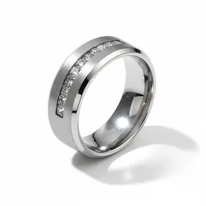 6mm & 8mm Titanium Beveled Diamond Ring The Perfect Boyfriend Gift Couple's Gift Stainless Steel Wedding Band Featuring 9 Princess Cut Diamonds Smooth Luxury Groom's Ring#9-12