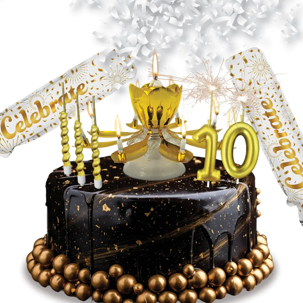 Gold Birthday Cake Candle Kit – Musical Spinning Candle, Sparkler Number Candles & Confetti Poppers