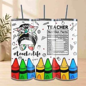 TeacherLife Custom-Printed Water Bottle, 20oz Glossy Stainless Steel Tumbler with Straw