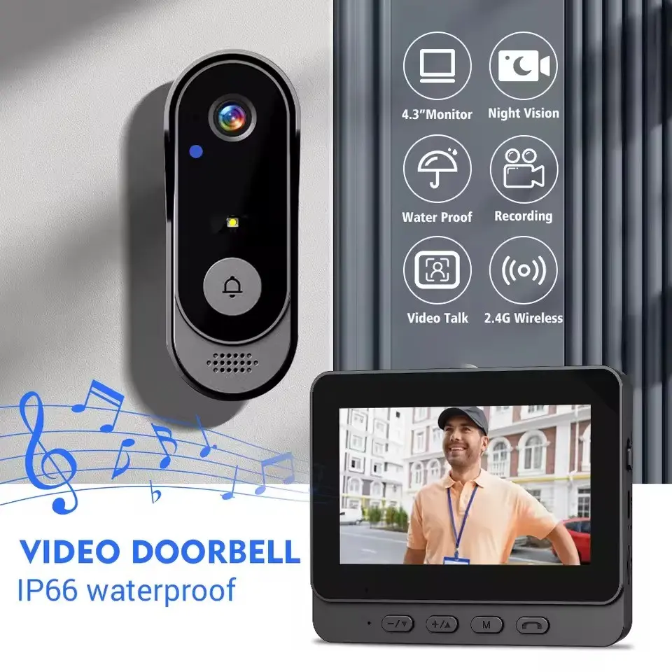 Wireless Video Doorbell with 4.3 Inch Color Screen, Night Vision, Waterproof Design, Long Battery Life, Supports Video Call & Two-Way Audio