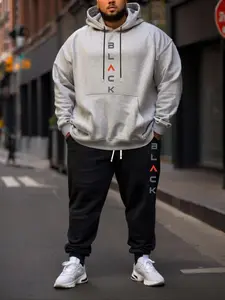 【Plus Size】 Letter Print Zip Up Hoodie & Sweatpants Streetwear Tracksuit Set, Casual Long Sleeve Hooded Sweatshirt & Jogger Pants, Men's Two-piece Outfits for Fall & Winter