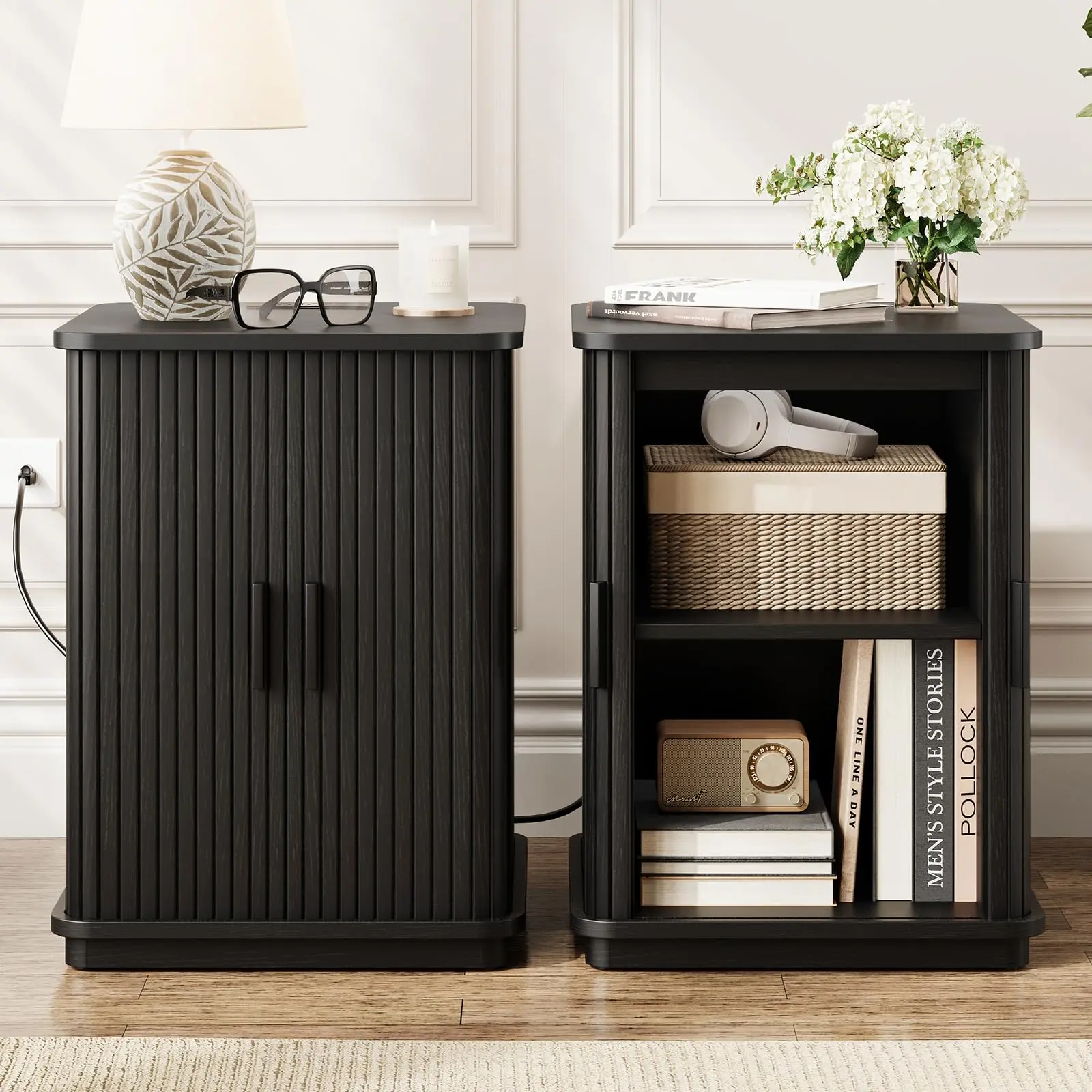 【Sliding Door Design】ONBRILL Square End Table with Storage & Charging Station, Fluted Accent Side Table with Sliding Door & Sturdy Pedestal, Mid-Century Modern Nightstand for Small Space, Living Room Furniture,dorm essentials,home decor