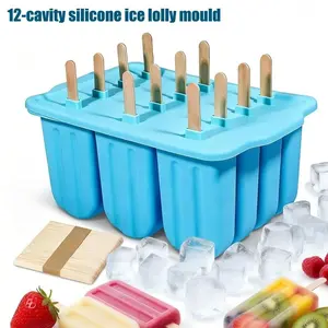 12-Cavity Food Grade Silicone Popsicle Molds with 50 Wooden Sticks, Homemade Fruit Yogurt Ice Cream Molds for Household Use, Easy Release, High and Low Temperature Resistant, Reusable and Easy to Clean, Healthy DIY Snack Tools for Family