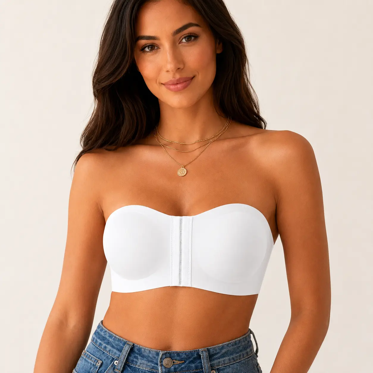 Women’s Strapless Bra, Wire-Free Front Closure Bandeau Bra with Anti-Slip Inner Band, Smooth Molded Cup Bra for Off Shoulder Dresses, S-2XL-Y2008