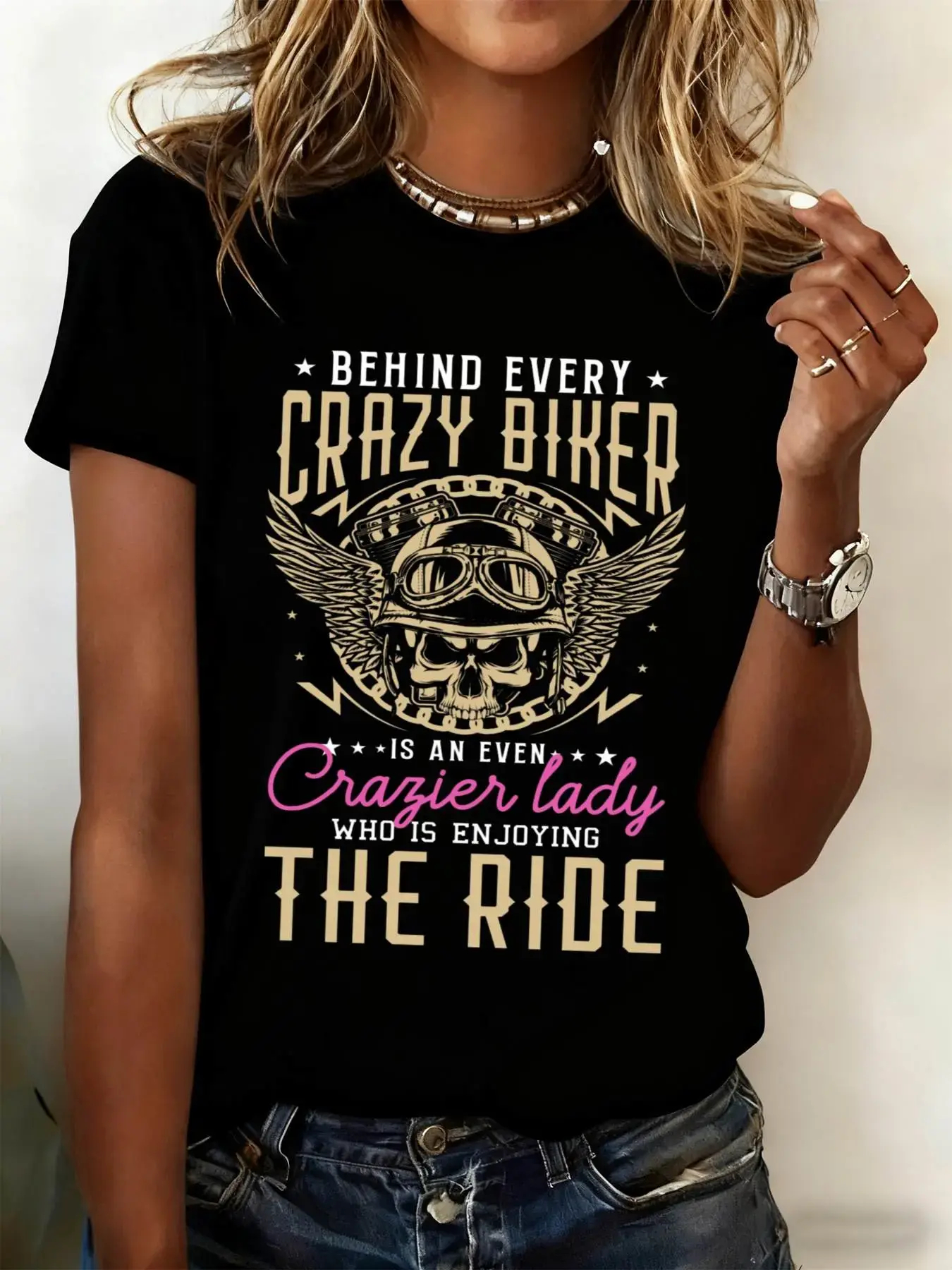 Women's "Crazy Wife" Motorcycle Graphic Tee - 180GSM Heavyweight Soft Round Neck Loose Fit Casual Streetwear, Women's Graphic Tees with Print, Ride-Ready Gift for Riding Enthusiasts, Graphic Print