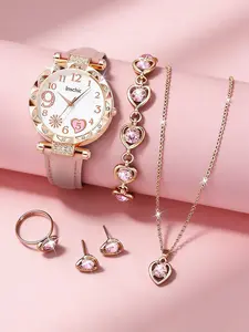 Women's Quartz Watch Set, Butterfly Pattern Round Case, PU Leather Strap, Includes Bracelet Necklace Earrings Ring, Casual Style, Elegant Jewelry Set