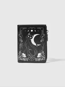 Gothic Moon & Cat Print Multi-Card Slot Zipper Wallet Design, Fashion Casual Card Holder, Coin Purse, Stylish Short Wallet for Women, Fashionable Card Holder