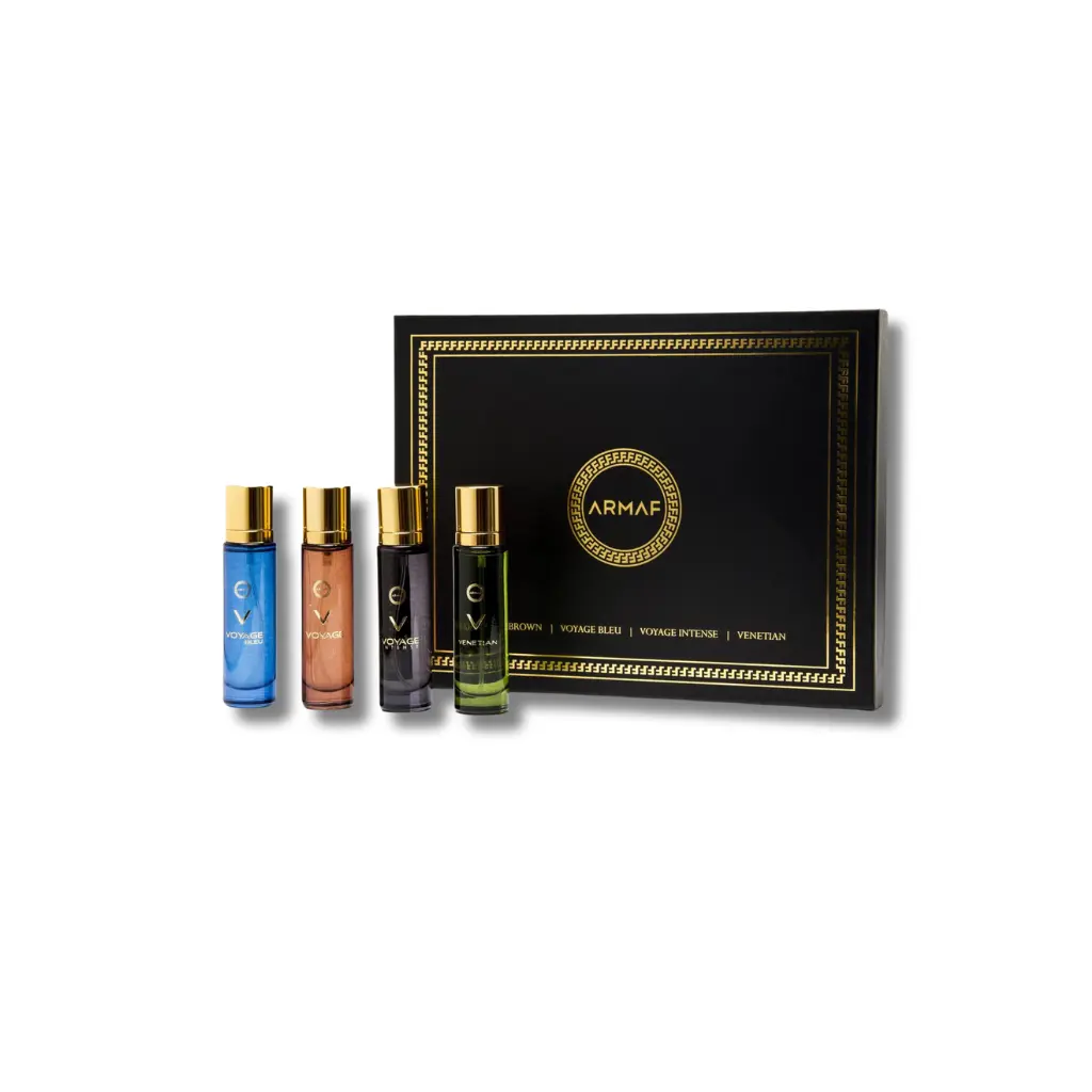 Armaf Voyage Discovery Set for Men, 4-Piece Travel Size Men's Colognes Collection to Find Your Signature Scent, Includes Brown Orchid - 0.5 fl oz Each, Woody, Adults, Fragrance, Multi-Pack, 36 Months, Aquatic, Blueberry, Long-Lasting, Citrus, Coconut, Flo