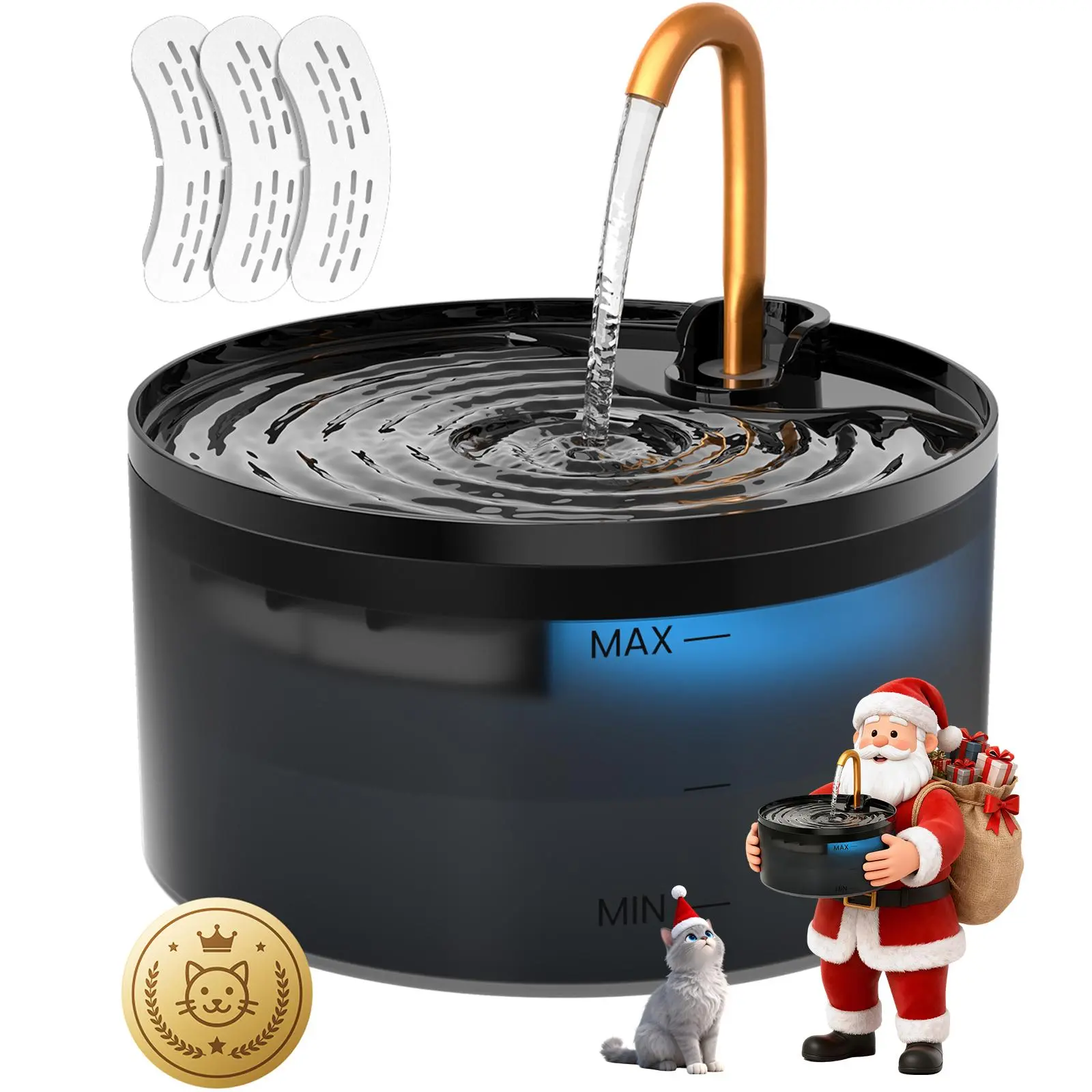 MISFANS Silent Cat Water Fountain, 2.1L Automatic Water Bowl with Ultra-Quiet Copper Spout, Soft Blue LED Night Light, 6-Layer Filter Care, Odor-Cut Carbon, Hair & Odor Filters, Wired Plug-In Gravity Feeder for Clean Hydration