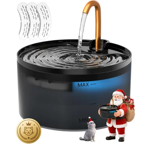 MISFANS Silent Cat Water Fountain, 2.1L Automatic Water Bowl with Ultra-Quiet Copper Spout, Soft Blue LED Night Light, 6-Layer Filter Care, Odor-Cut Carbon, Hair & Odor Filters, Wired Plug-In Gravity Feeder for Clean Hydration