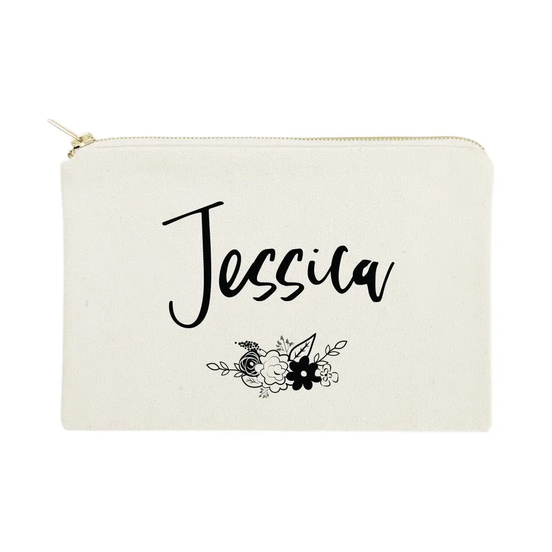 Personalized Name Black and White Floral Cosmetic Bag and Travel Make Up Pouch