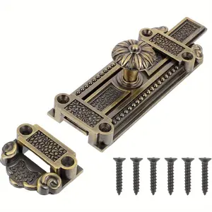 Vintage-style heavy-duty metal door latch and bolt set - floral pattern design, sliding safety lock suitable for doors and windows, no batteries required, easy to install, polished finish