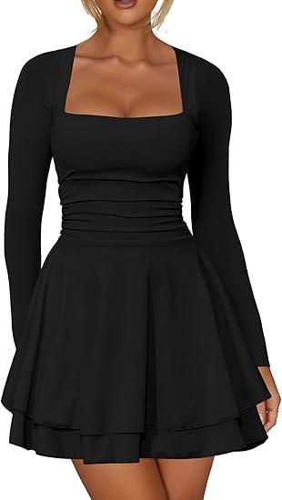 Women's Square Neck Ruffle Hem Mini Dress Ruched Waist Long Sleeve Corset Short Party DressesWomen's Square Neck Ruffle Hem Mini Dress Ruched Waist Long Sleeve Corset Short Party Dresses