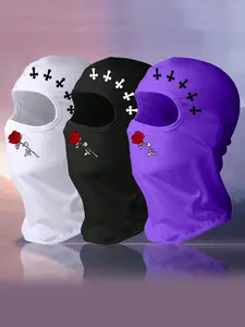 Unisex Balaclava Hat with Cross & Rose Print, Breathable Elastic Design, Ideal for Outdoor Sports, Windproof & Dustproof Protection, Balaclava Face Mask