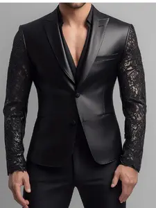 YINK Men's Lace Patchwork Blazer, Luxury Trendy PU Leather Splicing, Fitted Slim Fit Banquet Suit Jacket, Casual Spring & Fall Style