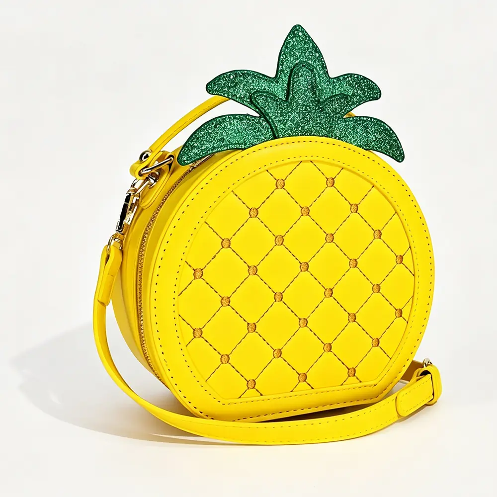 Women's Cute Pineapple PU Leather Crossbody Bag - Small Round Shoulder Bag with Glitter Leaf, Novelty Fruit Purse, Fun Summer Tropical Gift, Pu Leather Bag