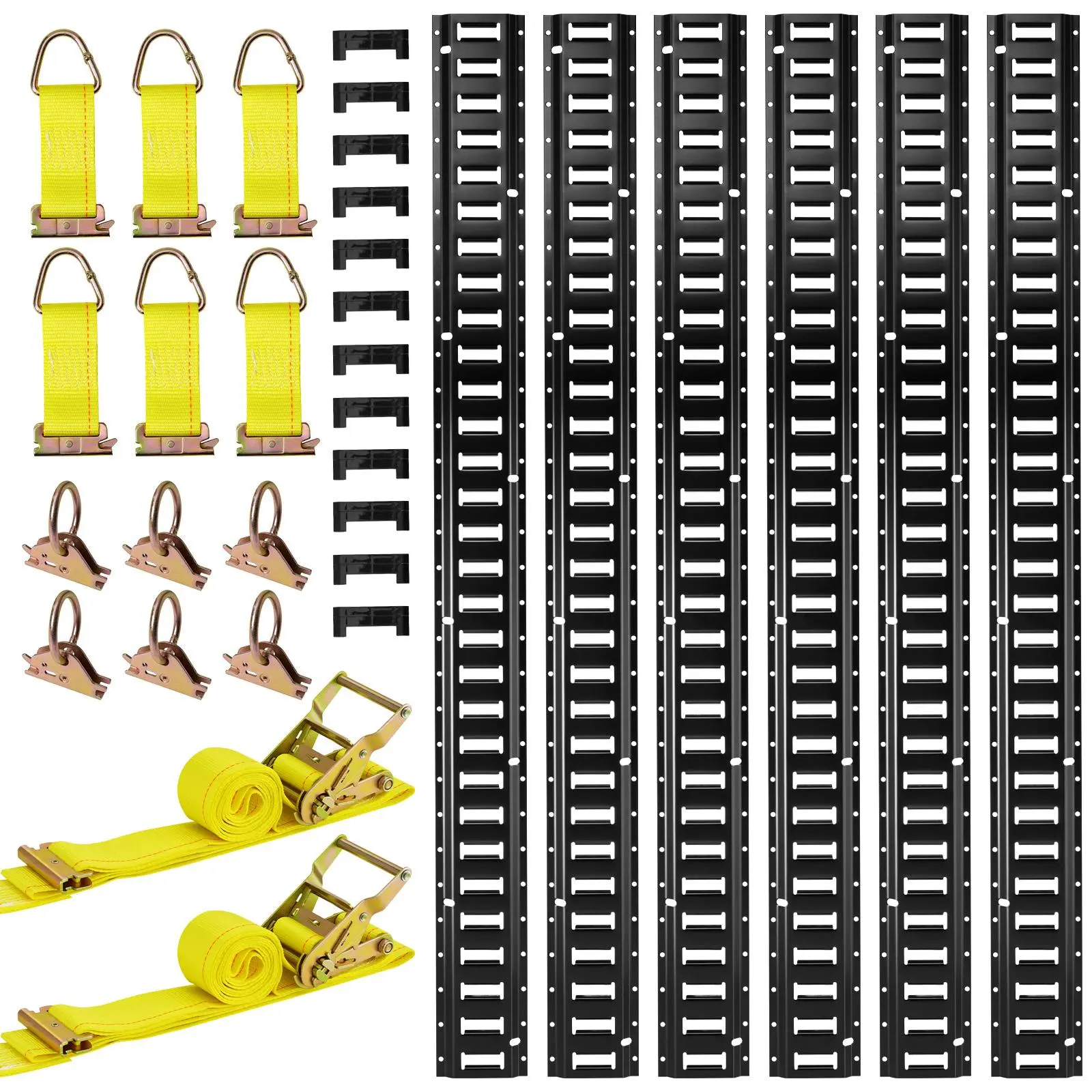 【summerfinds】VEVOR E-Track Tie-Down Rail Kit,6 Pack 5 ft E Track Rails26 Pcs Includes 2 Ratchet Straps & 6 O-Rings & 6 Tie-Offs with D-Ring & 12 End CapsFit for Garages Vans Trailers Motorcycles