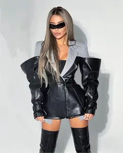 Noir Leather Sleeve Blazer - Fitted Long Sleeve All Seasons Blazer with Faux Leather Sleeves for Bold Modern Look