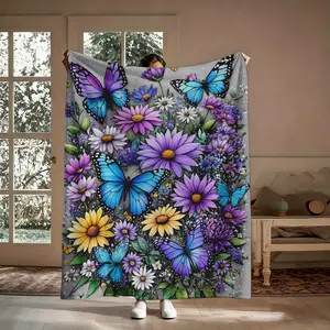 Purple Floral Butterfly Pattern Blanket, 1 Count Soft Warm Flannel Throw Blanket, Cozy Nap Blanket for Home Office Travel