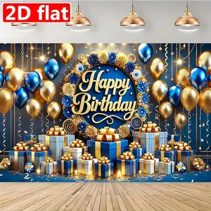 Happy Birthday Background Banner Decoration, Golden Text & Blue Balloons, Multi-Functional Polyester Material, Perfect Party Props, Indoor Backdrops, Photo Backdrops