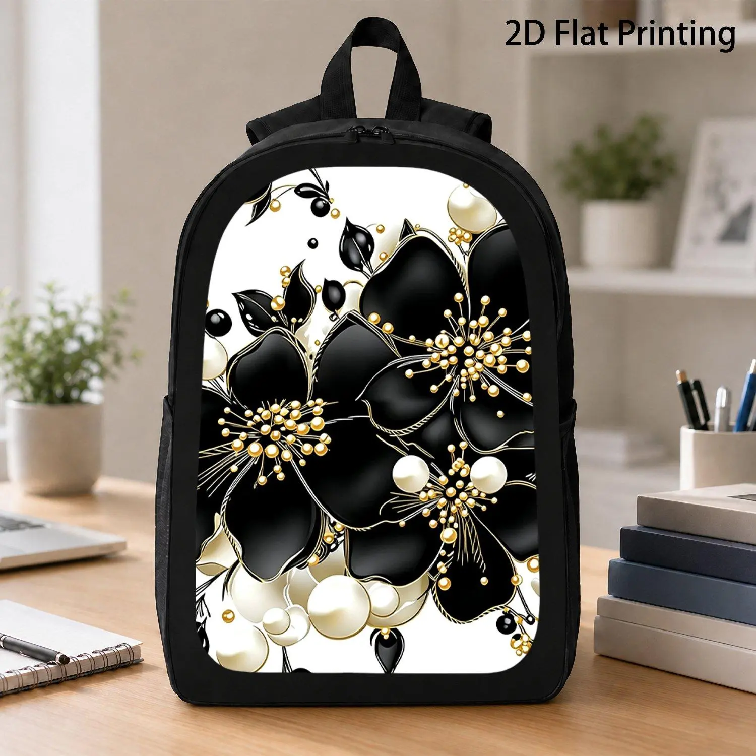 Unisex Black Floral Print Backpack with Golden Flowers, Casual Lightweight Build, Ample Storage, Tunable Shoulder Straps, Side Pockets – Ideal for Everyday Use, Commuting, Basic