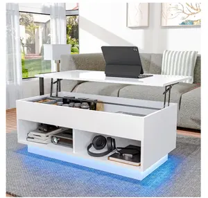 LED Lift Top Coffee Table with Hidden Compartment High Gloss White Coffee Tables Center Rising Cocktail Table for Living Room Accent Furniture