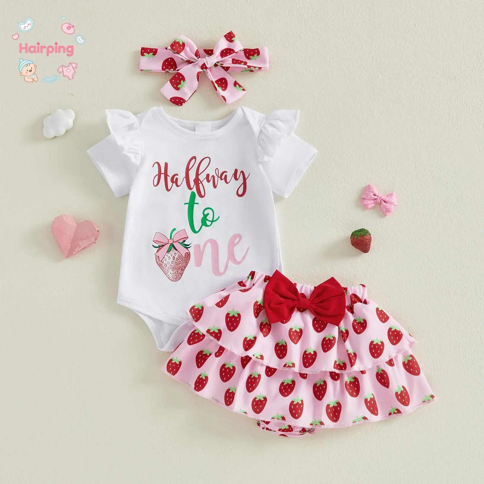 Baby Girl "Halfway to One" Strawberry Outfit Set, Short Sleeve Bodysuit + Tiered Skirt + Bow Headband, 6-Month Half-Birthday Photo & Casual Wear