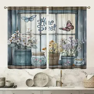 2pcs Hand-drawn style vase and flower patterns Digital Print Curtains, Semi-Transparent Polyester, Fade Resistant, Washable, Bedroom & Living Room Decor