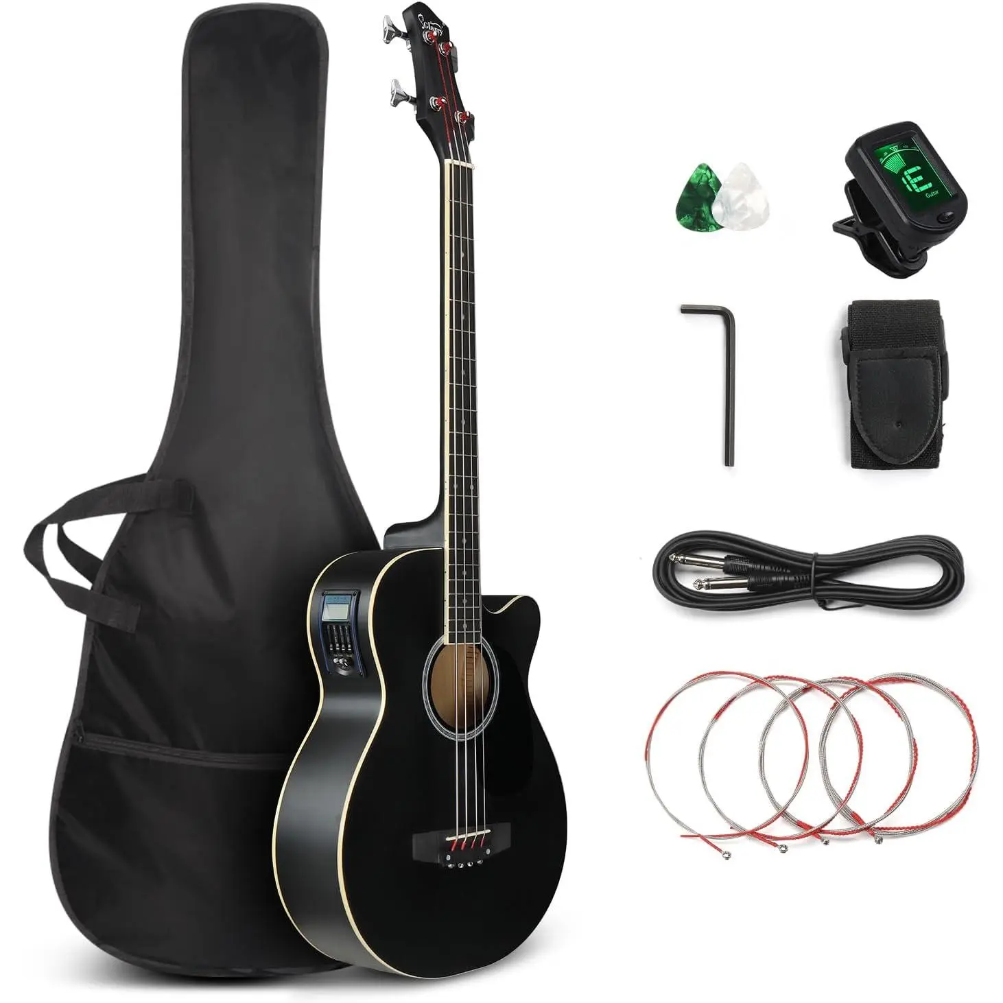 GLARRY Full Size Acoustic Electric Bass Guitar Beginner Kit, Cutaway 4 Strings Electric Acoustic Bass Guitar w/Inbuilt Tuner, Bag, Strap, Picks, Strings, Basswood Bass Guitarra tiktokshopbacktoschool