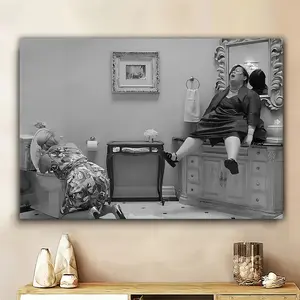 PUDRAW Art Decor Style Canvas Print, Humorous Elderly Woman Bathroom Scene, Wooden Frame Oil Painting, Modern Retro Wall Decoration, Suitable for Home Office, Living Room, Bedroom - Indoor Poster, Humorous Bathroom Wall Art