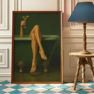 [Sale Up To 50%][No frame, Free Ship] Modern Bathroom Wall Art Printable, Sage Green Bathtub with Martini Glass Digital Artwork, Dirty Martini art