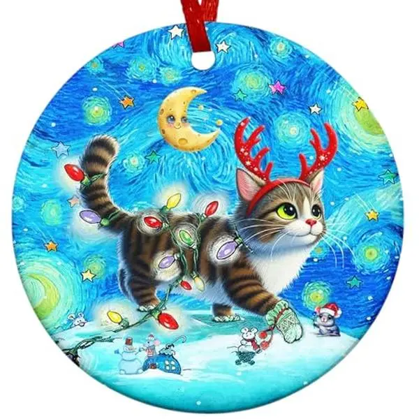 2024 Christmas Ornament - Cat's Spirit with Starry Night Ceramic Ornament, Christmas Tree Holiday Decor, for Cat Lovers, Family, Friends
