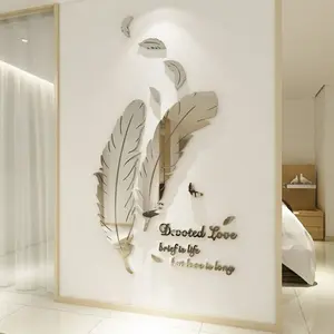 Feather Acrylic Reflective Mirror Wall Stickers, Decoration Sticker, 3D Self-Adhesive DIY Feather Mirror Wall Decals, Modern Nordic Style Decorative Shatterproof Wall Art Decor with Love Quote for Home, Make Room Look Bigger, Easy Install