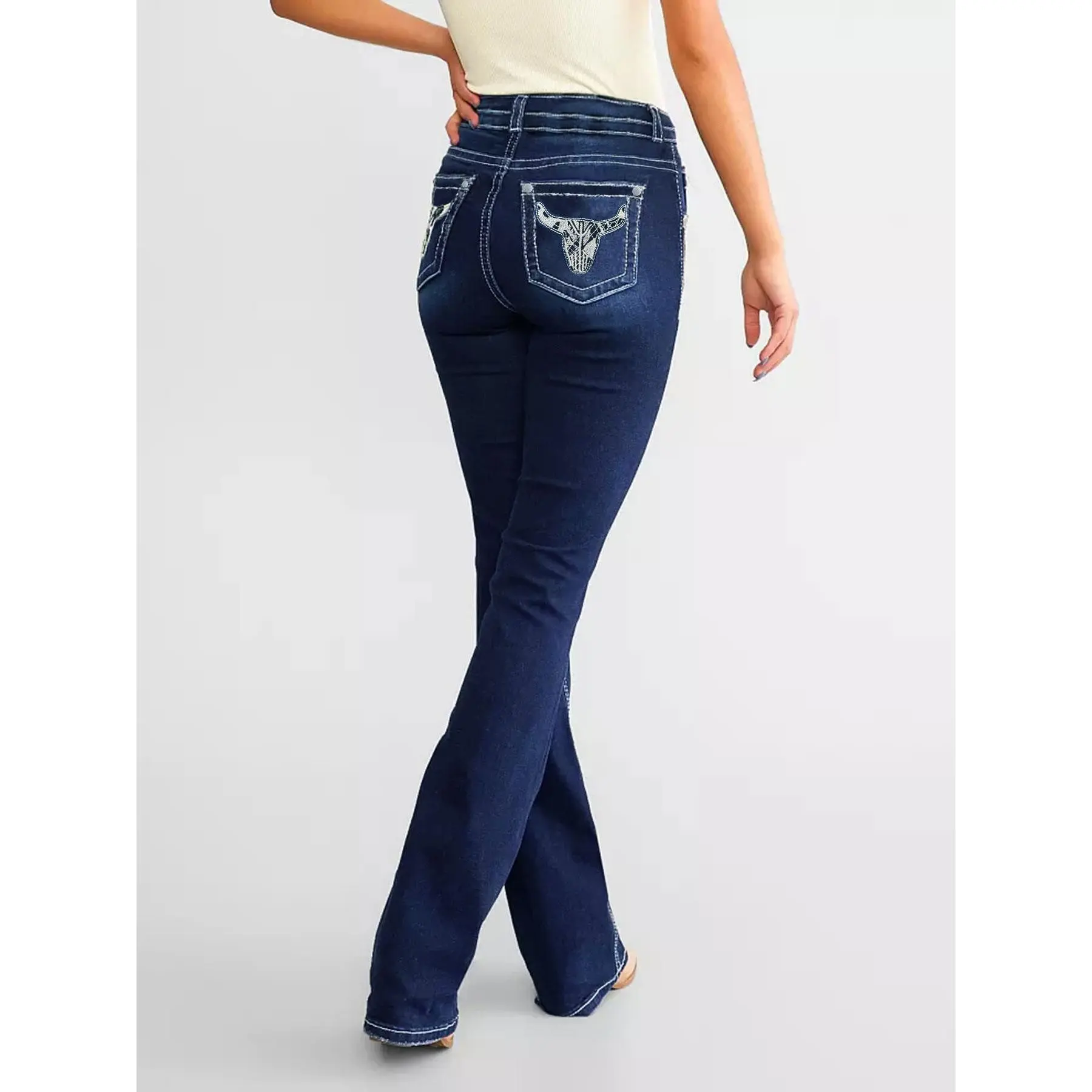 Women's jeans feather embroidery waist elastic slightly slim  pants Flared  jeans