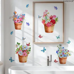 A set (30*40cm*4pcs) of colorful flower potted plant butterfly 2D flat wall stickers for home decoration and beautification, Floral Pattern Sticker, Wall Art Stickers, M20373