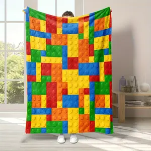 1pc Soft And Warm Flannel Blanket With Building Blocks Print - Perfect For Couch, Sofa, Office, Bed, Camping, And Traveling