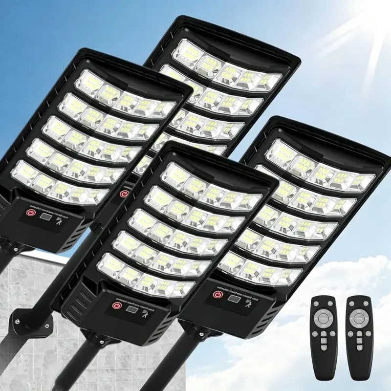 4Pack Solar Street Lights Outdoor Waterproof,6500K 320°Wide Angle Flood light, LED Solar Parking Light with Motion Sensor and Remote Control for Outdoor, Streets, Courtyards,Parking Garages