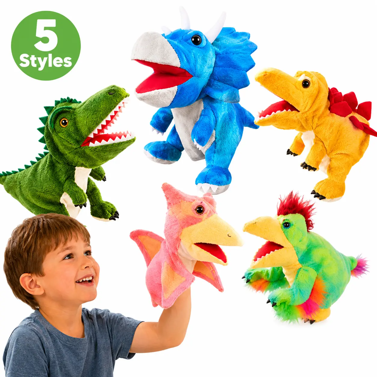 Interactive Dinosaur Hand Puppet Set, 5 Fun Styles Soft Plush Dino Toys for Storytelling, Family Playtime, Classroom, Party Games & Kids Gifts