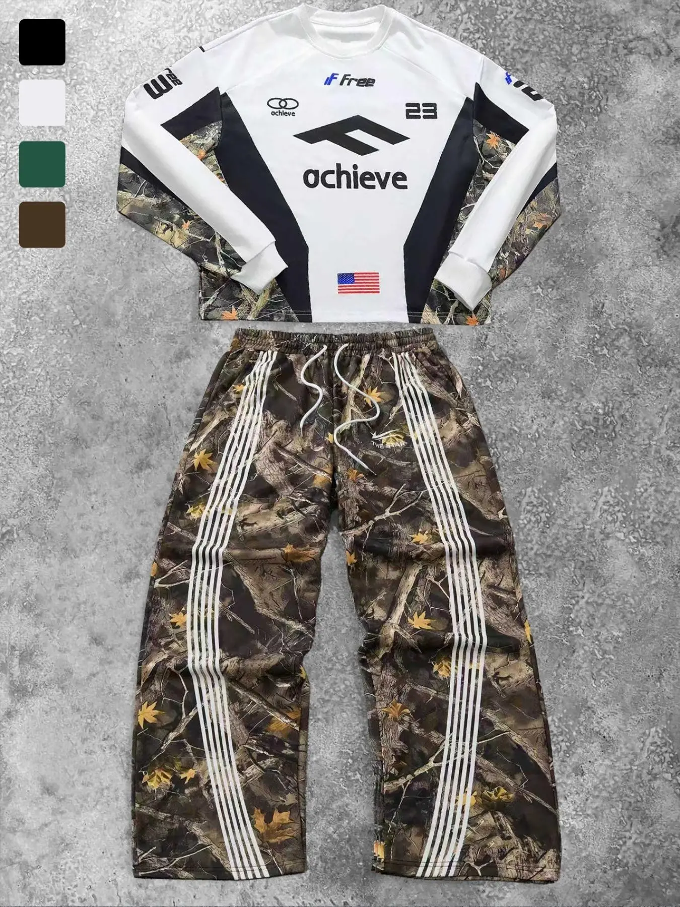 Men's Spring Autumn Camouflage Leaf Print Sports Suit, Trendy Street Hip Hop Style, Fitted Long Sleeve Design for Daily and Outdoor Wear, Sportswear Set