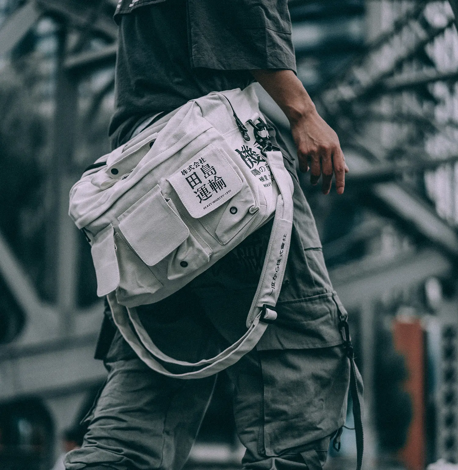 Niepce Streetwear Fashion Canvas Japanese Kanji Crossbody Bag with Shoulder and Belt Straps