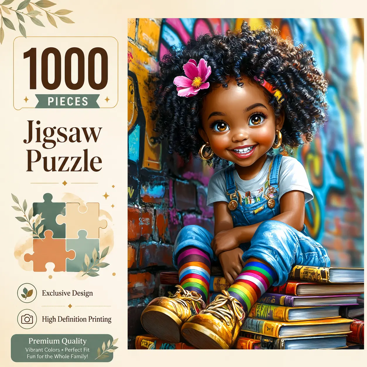 1000-Piece Cute Book Lover Girl Graffiti Jigsaw Puzzle, Colorful Reading Art for Adults, Challenging Family Stress Relief Brain Exercise Game, Wall Decor Gift, 19.7×29.5in (50×75cm)