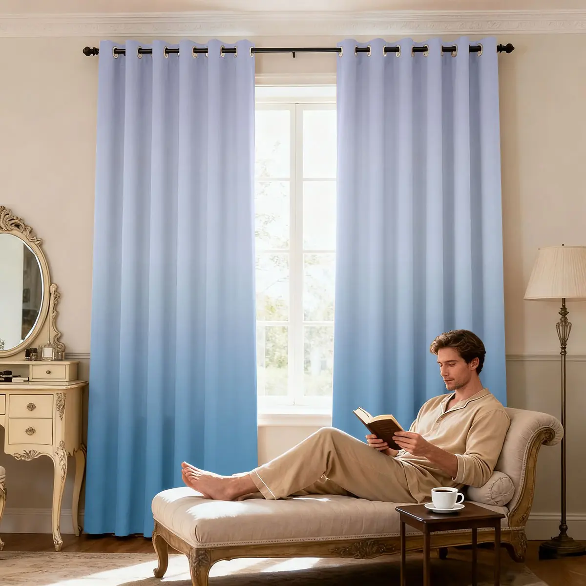 2 panels bedroom living room partition blackout curtains, full privacy wall perforations, thermal insulation and sound insulation, ultra wide blackout curtains, Privacy Grommet Curtains, 84L x 84W inches - gradient blue, Thermal Insulated Curtain
