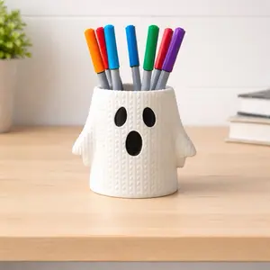 Ghost Design Pen Holder - White Knitted Style Container for Colorful Markers & Pens Ideal for Desk Organization