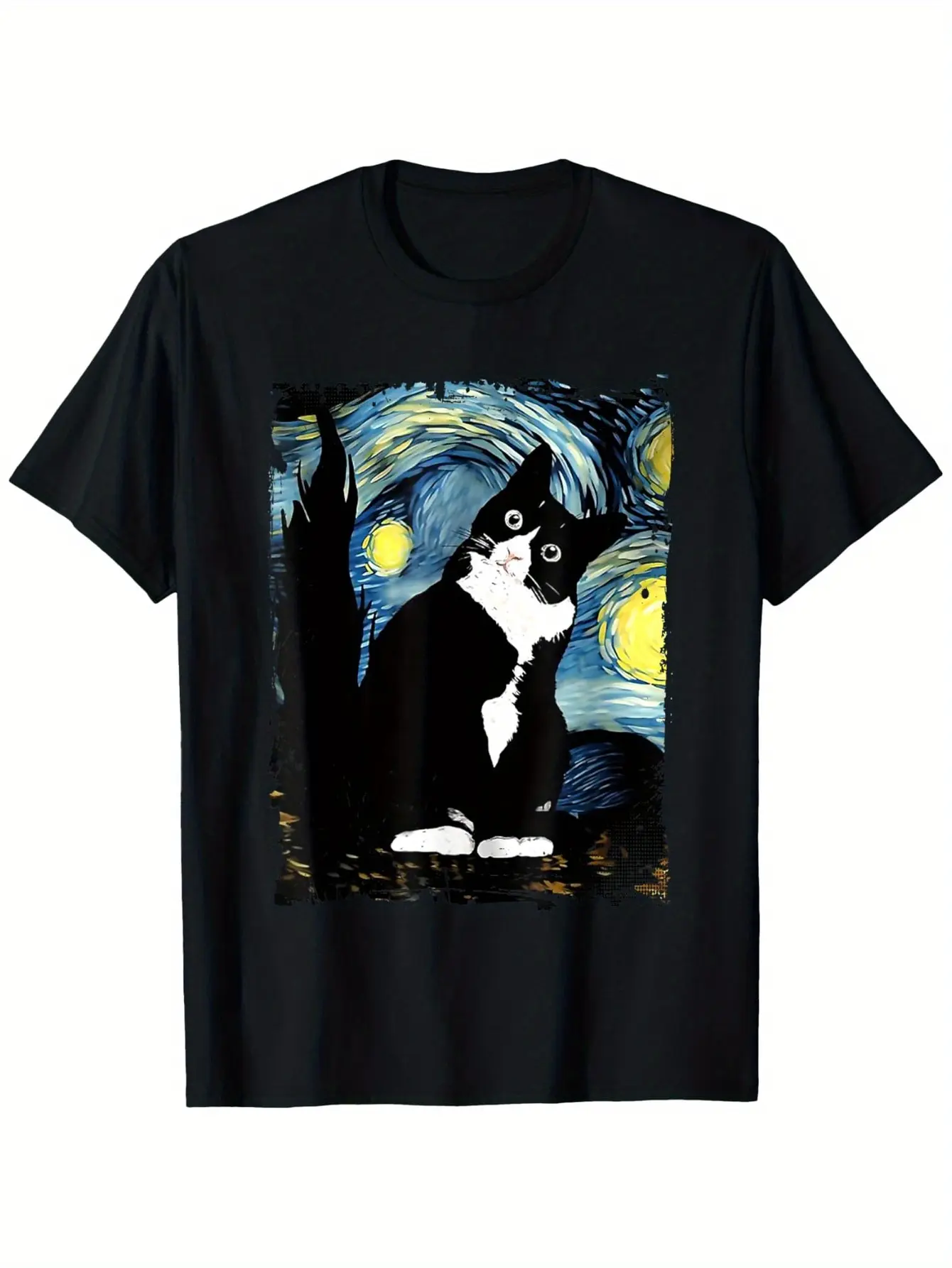 Tuxedo Cat Starry Night, Van Gogh Cat, Cat Art, Cat Mom Dad T-Shirt  Cotton Round Neck Short Sleeve T-shirt