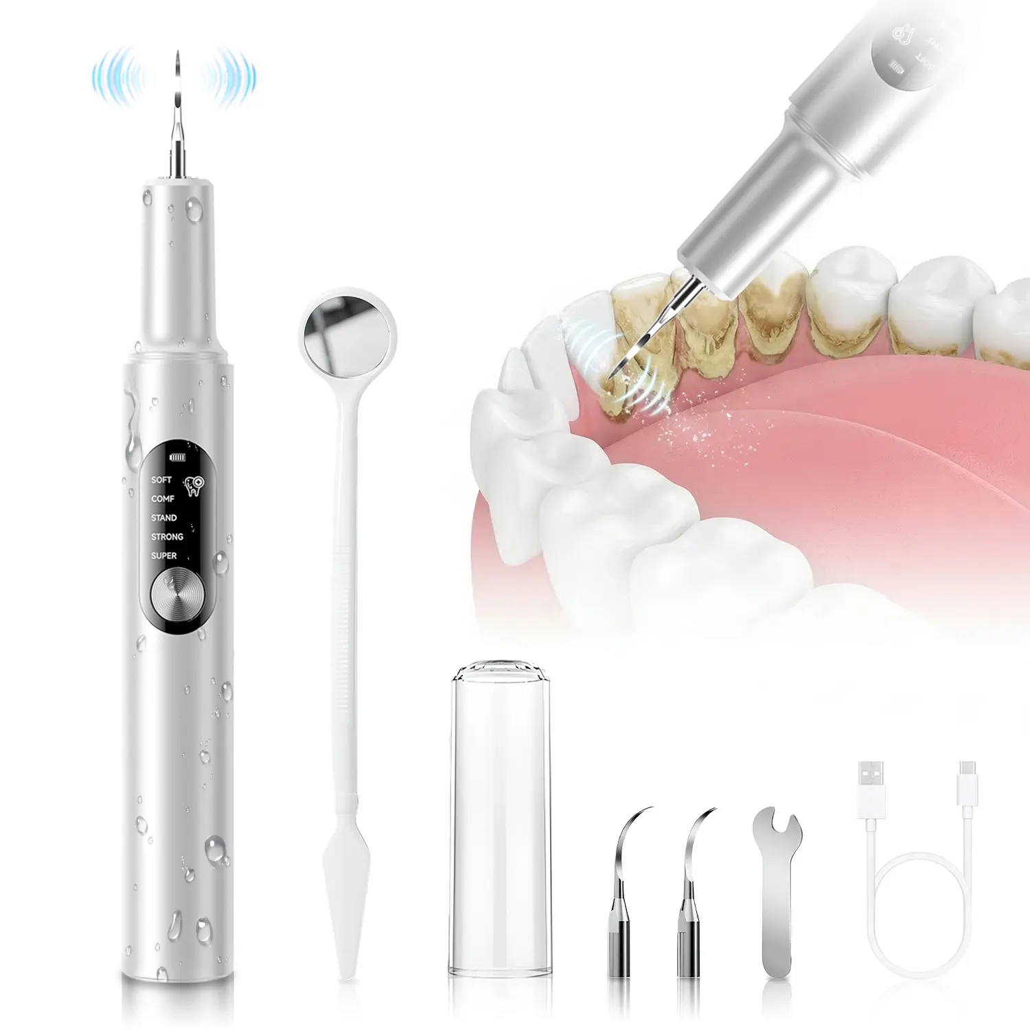 bogoeooa Plaque Remover for Teeth, Tartar Remover for Teeth, Dental Calculus Remover, Teeth Cleaning Kit 5 Speed Modes with 2 Replaceable Heads, with UV Light, Effective Remove Plaque Tartar and Stains Preventing Cavities Bad Breath