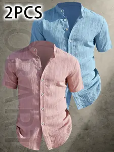 2pcs Men's Summer Short Sleeve Shirt - Lightweight Breathable Solid Color Plain Button-Up Casual Shirt Top with Stand Collar, Low-cut collar designr Beach Vacation, Pool Party & Casual Attire, Beach Shirt, gift for husband, Menswear
