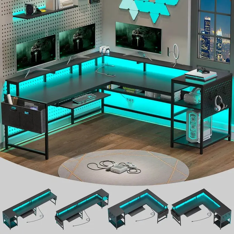 Sikaic L-Shaped Gaming Desk with LED Lights, Reversible Design, Built-In USB Outlet, Monitor Shelf, Under Desk Bookshelf for Home Office Use