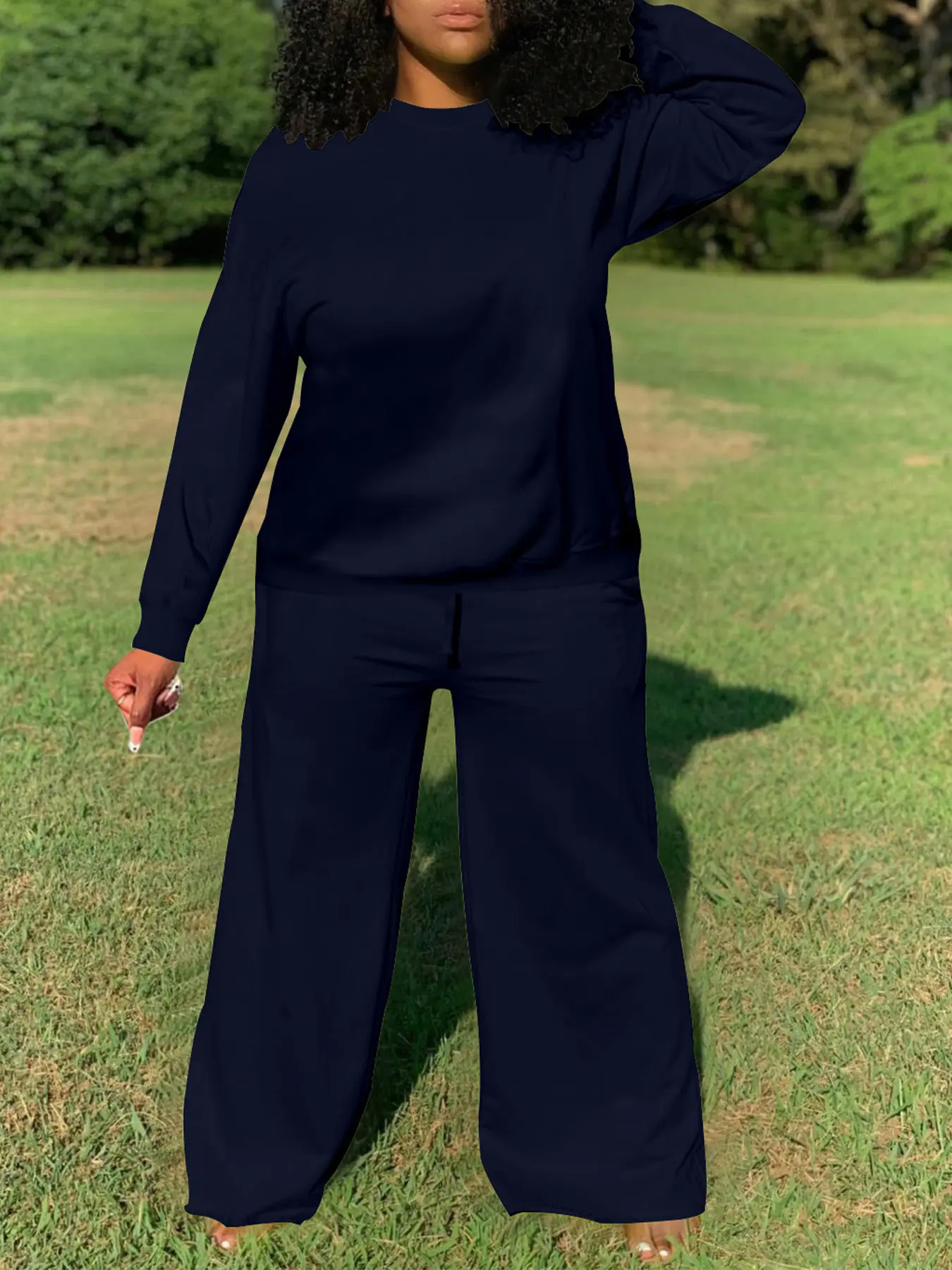 USBOUTIQUE CHIC Women’s 2026 Plus Size Navy Two Piece Loungewear Set Oversized Crew Neck Sweatshirt & Drawstring Wide Leg Pants Casual Outfit