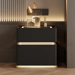 Bedside table with drawers — solid wood bedside table with leather surface — bedroom bedside table — freestanding — no installation required — spacious, thickened design with two drawers — white/gray/black
